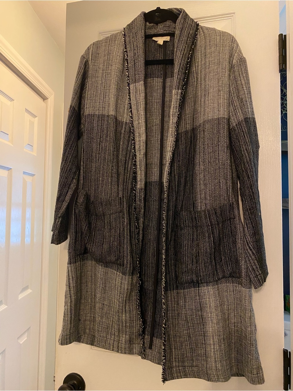 Eileen Fisher XXS/XS Hazy Blocks Organic Cotton Frayed-Edge Duster Lagenlook